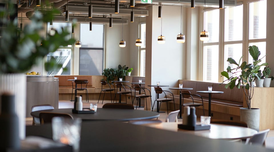 view of the cowork lounge, open space very well illuminated with tables and plants, very elegant.